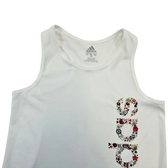 Adidas Kids Girls White Graphic Tank Top Size XL 16 - Picture 2 of 7